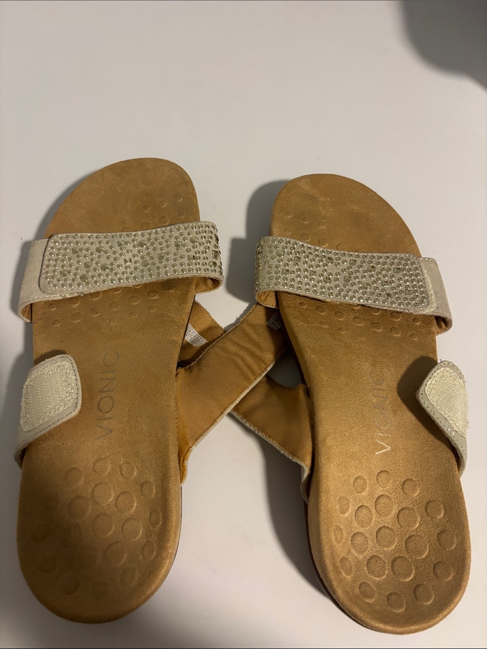 Vionic Women’s Samoa Beige Crystal-Embellished Slide Sandals Size 8